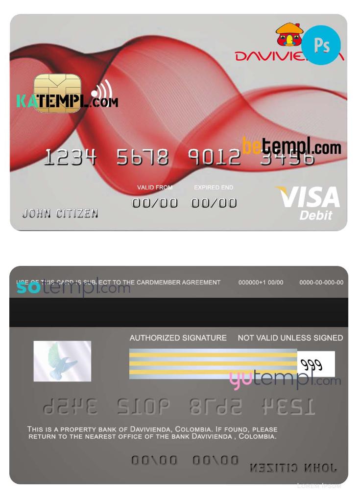 Colombia Davivienda bank visa debit card template in PSD format, fully editable
